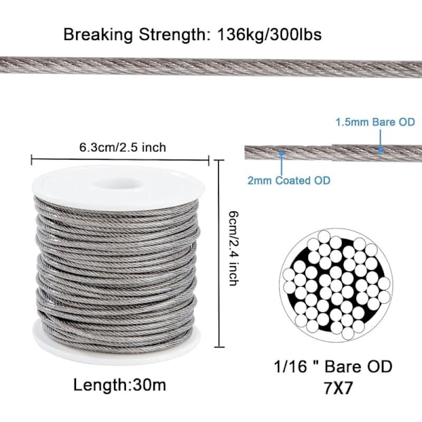 Wire Rope Hanging Kit 2mm Rostfri Vajer 30m med Vantskruv Ögleskruv Aluminiumhylsor Hjärtformad Kauser 56 Delar