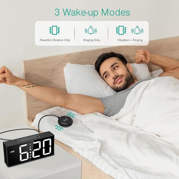 Vibrerende vækkeur med sengevibrator til dybe sovende, 110dB høj alarm, 7,5 tommer blåt LED-display, dobbelt alarm, snooze