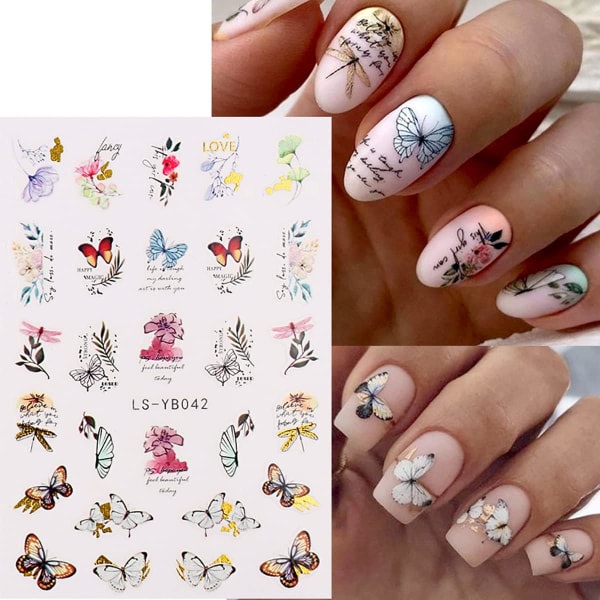 IC 9 ST Blomster Nail Art Klistremerker Dekaler Butterfly Design Klistremerker Selvklebende Dekaler Blomster Butterfly Akvarell Negledekor