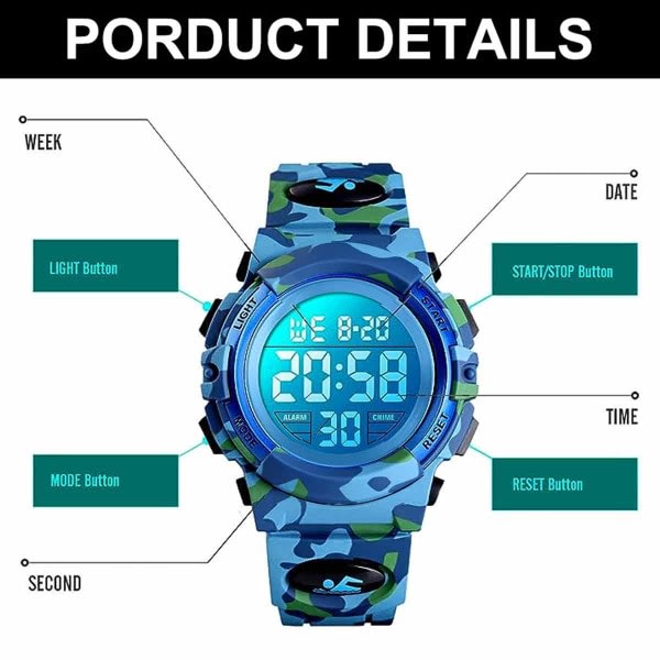 IG Pojkar vattentät casual elektronisk analog färg LED-klocka med ljusblå