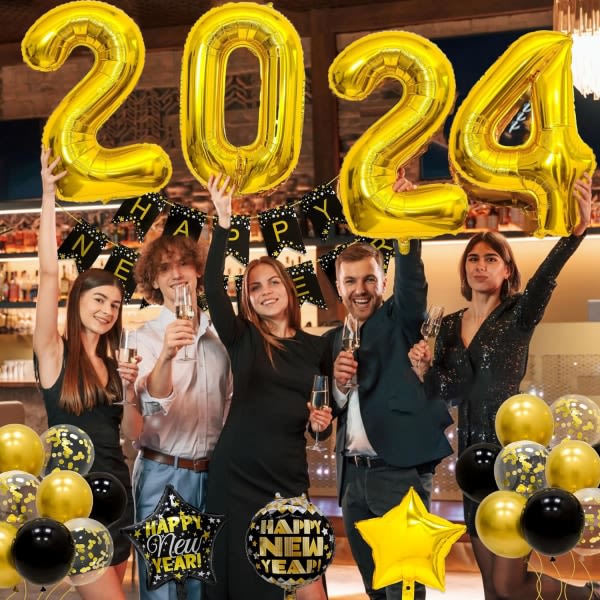 Nyårsdekoration 2024, Folieballonger 2024, Gott Nytt År Garland 1 sæt
