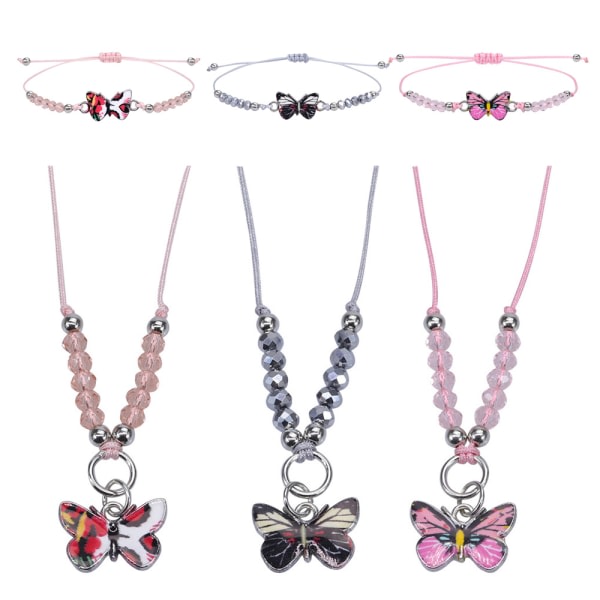 IC Färgade pärlor med fjärilar, halsband ja käsivarsinauha 3 set