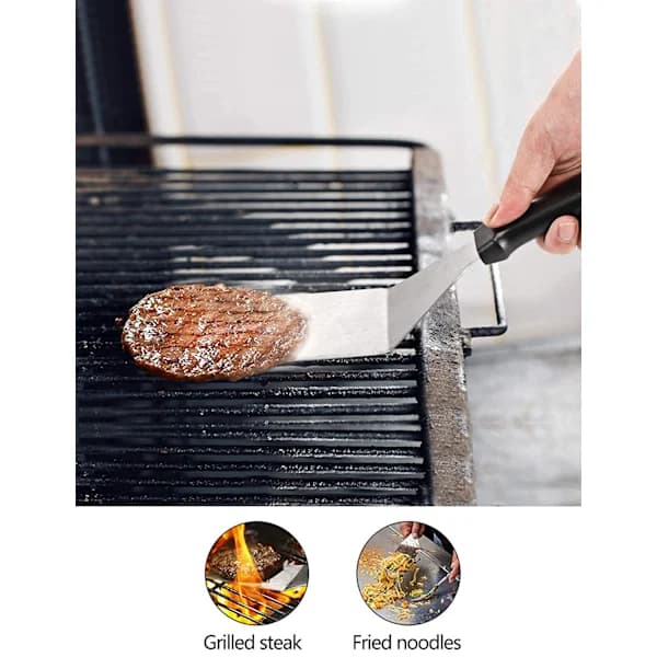6-delt grillspatelsett i rustfritt stål med 3 spatler, 2 klemflasker og skrape for BBQ-grillmatlaging, sølv