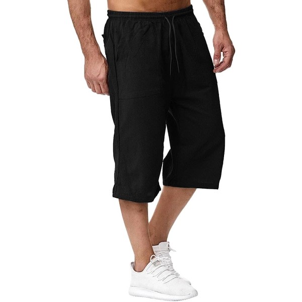 IC Herr 3/4 Linne Capribyxor Elastisk Midja Casual Lös Baggy Harembyxor Sommar Strand Yoga Shorts Korta Byxor