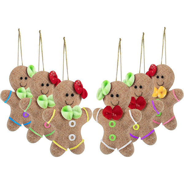 IC 12 cm julgransprydnad, 6 plyschprydnader för pepparkaksgubbar, traditionell julprydnad för pepparkaksgubbar med matchande rosetter