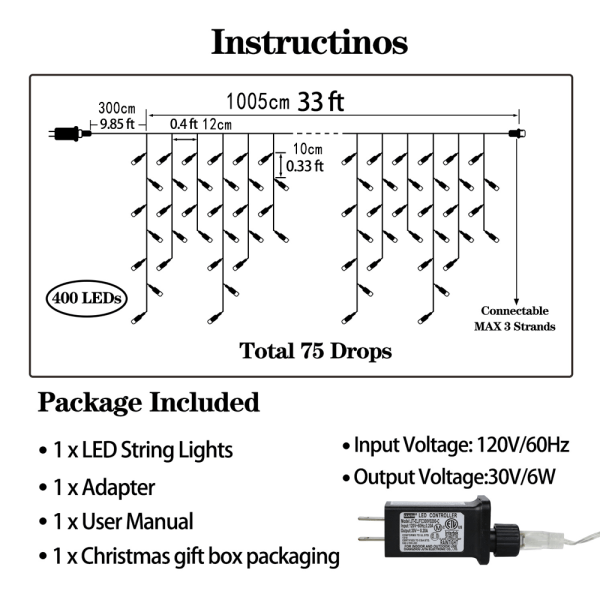 IC LED julbelysning utomhusdekor, 400 lysdioder 32ft med 75 monivärinen