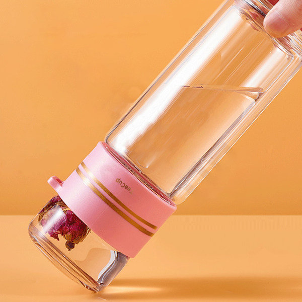 IC Dubbelväggig Glas Te Mugg med Infusionskorg Bärbar Te Mugg för Lös Te Resemugg med Sil Dubbel Användning Mugg - Rosa