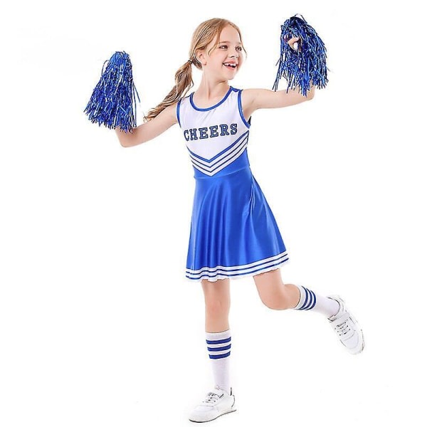 Kid's Girls School Party Cheerleader kostym Halloween musikalisk festklänning blå 140CM