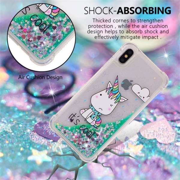 IC Case iPhone Xs Maxille, Grön Unicorn Liquid Glitter Flödande Quicksand case Söt Klar Mjuk Stötsäker TPU Slim Skydd