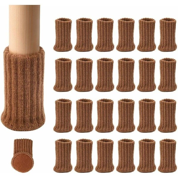 24 Par Halkfria Stickade Möbelstrumpor för Stolsben, Förhindrar Repor och Minskar Ljud, Lätt att Flytta, Brun
