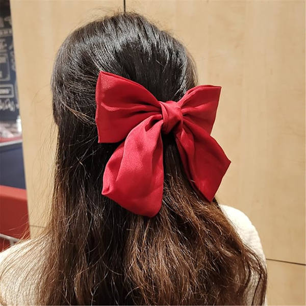 6-delt satin stor sløyfe hårklipp sett, hårklipp stor sløyfe sløyfe chiffon fjær hårklipp retro fransk dame stil