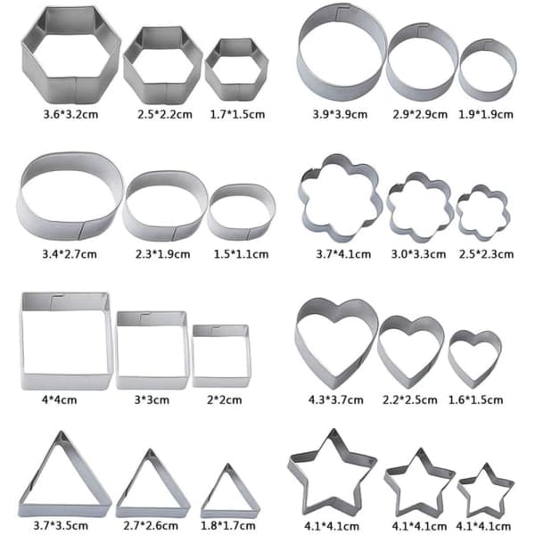 IC Mini Geometrisk Formet Kage Cookie Cutter Set 24 Hjerte Trekant Rund Lille Cirkel Bageforme i Rustfrit Stål