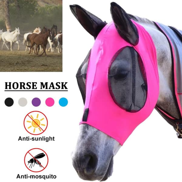 Anti-Fluemask til hest med dekke i rosa