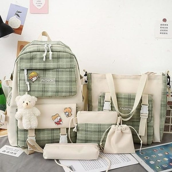 IC 5 stk Canvas Skolrygsæk Combo Sæt med Kawaii Bjørn Vedhæng Søde Pins Ternet Ternet Håndtag Skulderstoftaske Skolepose