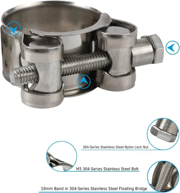 4-pak 1 tomme T-bolt slangeklemmer, kraftig rustfrit stål, til 26 mm til 28 mm ID-slanger, sølv
