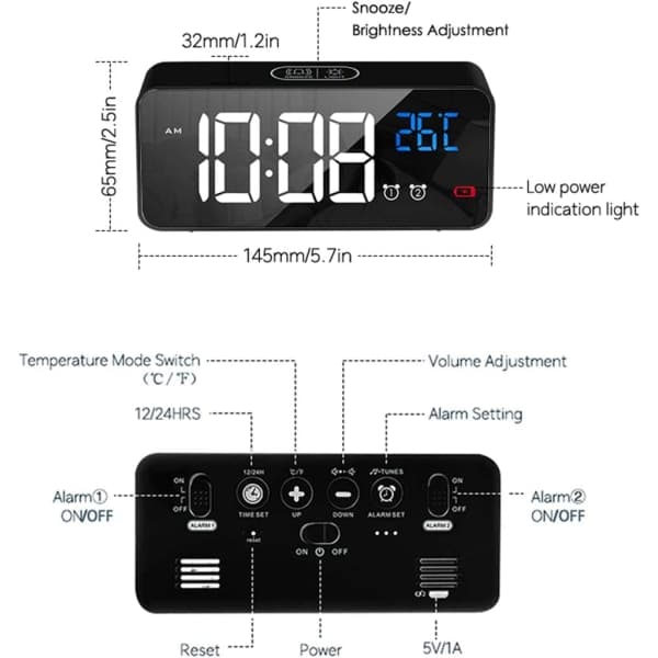 IC Digital vekkerklokke med snooze-funksjon, USB-lading (svart)