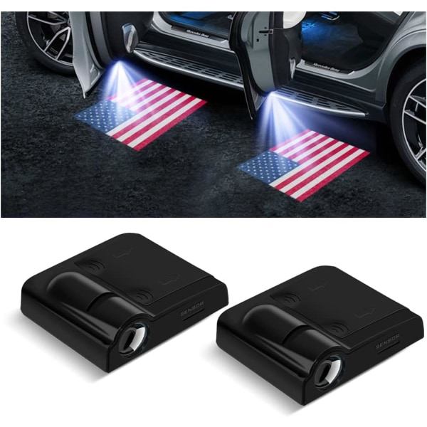 IC 2 kpl. Automaattiset Ovivalo Logoprojektori, Langaton LED-Auto-Ovi Tarra Tervetuloa Tilavalo, Magneettinen Sensori Ghost (Punainen Amerikan Lippu)