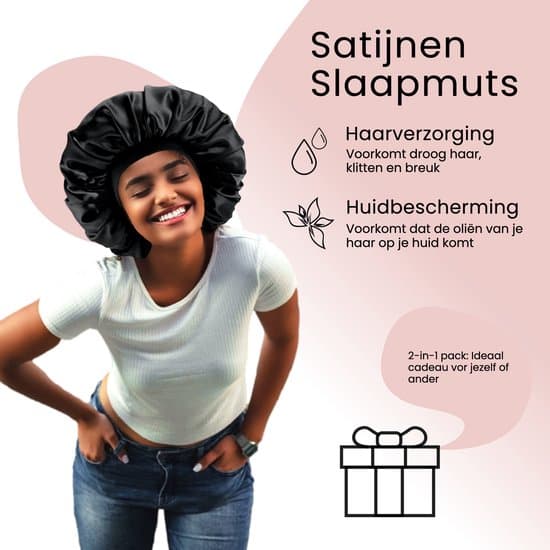 XL Satin-nattehætte til at sove med, ekstra stor sovehætte med silkefølelse og elastikbånd til krøllet, afro og langt hår, sort, 2-pak til kvinder