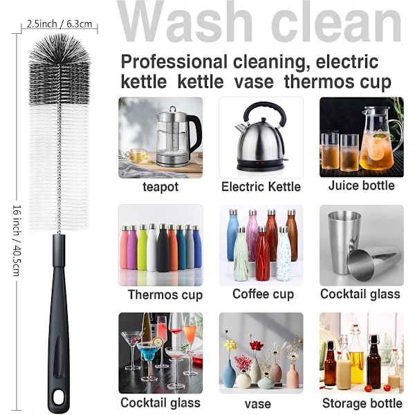 Pullonpuhdistusharjat, 5 kpl, monitoimiset kapeille pulloille, termospulloille, urheilupulloille, musta