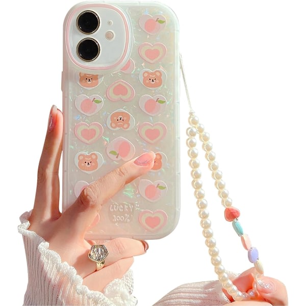 IC Kompatibel för iPhone 12- case, söt tecknad kärleksbjörn persika med hjärtpärlband för kvinnor, flickor, skalmönster, mjuk TPU-rosa björn