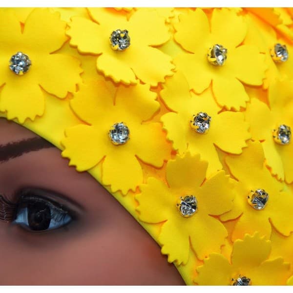 IC Manuella badehette med strass og blomsterblader i retrostil for kvinner, gul