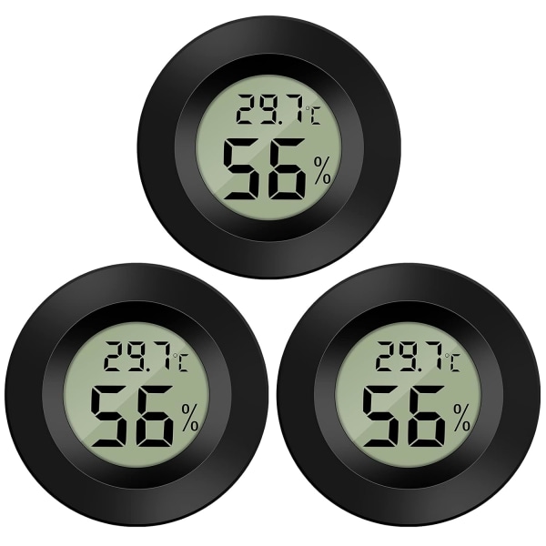 Thlevel LCD digital temperatur fugtighedsmonitor, mini digitalt termometer hygrometer og fugtighedsmåler, sort 3-pack - rund