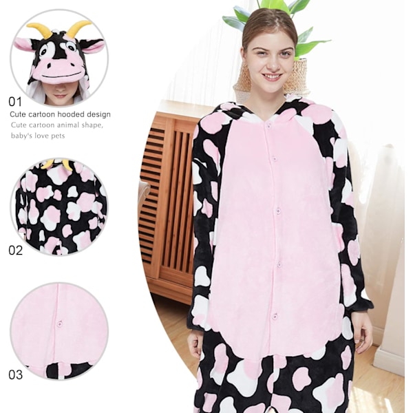 Onesies for kvinner, Onesies for voksne menn, Pyjamas-onesies, Enhjørning, Flanellpyjamas, Dyre-onesies, 3D hettegensere, Halloween, Julekostymer A-pinkcow M