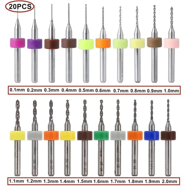 Tungstenkarbid Mikro Borbits Sett 20 stk 0,1-2,0 mm for PCB Smykker CNC Gravering Metallbearbeiding