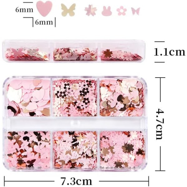 IC 3D Hjärta Nagelkonst Glitter Rosa Fjäril Stjärna Design Nagelpaljetter Sparkle Flakes för Nagelkonst Tillbehör, Alla Hjärtans Dag Naglar