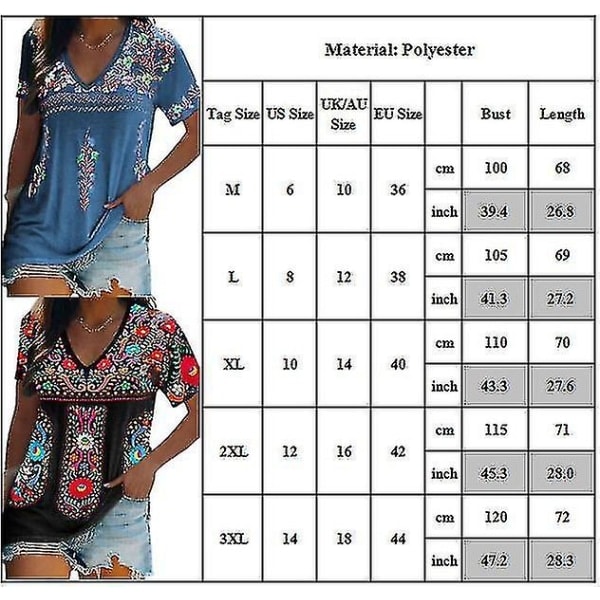 Naisten Boho-kukkainen lyhythihainen V-pääntie T-paita Casual Tops Tee Violetti 3XL
