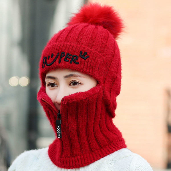 IC Mössa Vinterstickade Öronkåpor Dam Ullmössa Varm Förtjockad Koreansk Stil Trendig All-match Höst och Vinter Ridhuva 1 Styck Röd