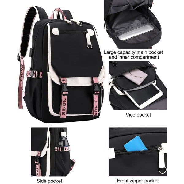 IC Ryggsäck för tonårsflickor Mellanstadiestudenter Bokväska Outdoor Daypack USB laddningsportilla (21 litraa, rosa svart)