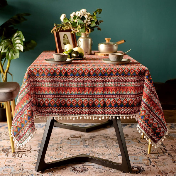 IC Pompom-tofs duk for Bohemian rektangulært borddeksel, Skrynkelfri linne Bohemian Style Design bordduk (rød, 60\"x84\")
