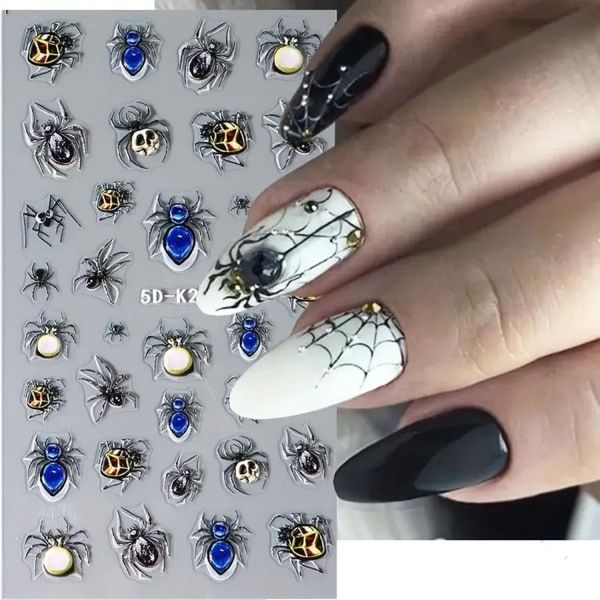 IC Halloween Neglekunst Klistremerker Dekaler for Halloween Negletilbehør 5D Relief Gothic Neglekunst Dekal med Onde Øyne Spider4 Ark (Skrekk)