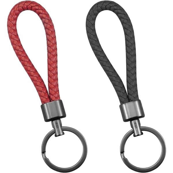 Pakke med 2 flätade lädernyckelringar, läderbilnyckelringar, unisex nyckelhållare nyckelring, til bil, motorcykel og husnycklar, sort og rød IC