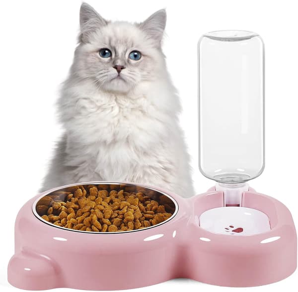 2-i-1 Kattefoder- og Vandskål - Automatisk Vanddispenser 500 ml med Rustfri Stålskål - Til Katte og Små Hunde - Pink