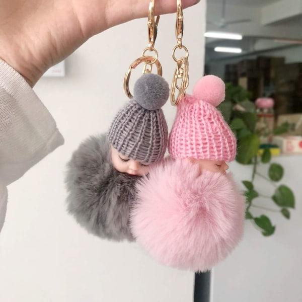 2 nyckelringar, söta sovande baby fluffiga pälsbollar IC