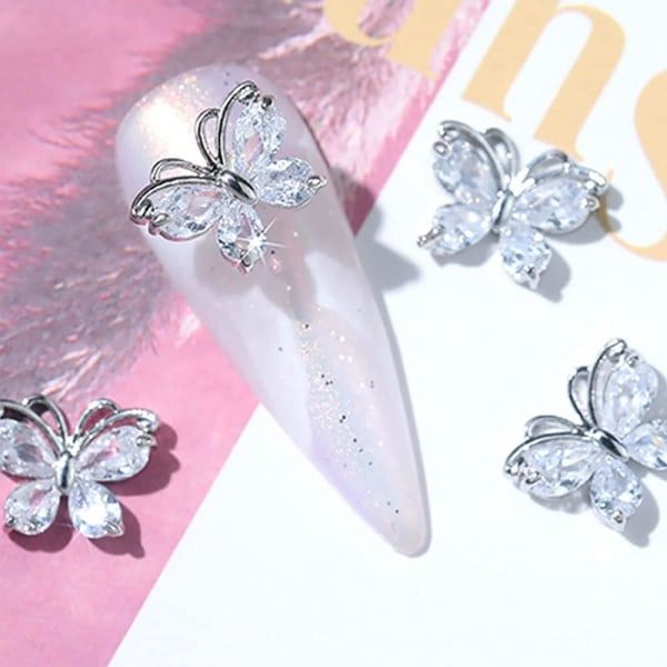 IC 5 st Glittrande Zirkon Fjärils Nagelberlocker 3D Legering Fjäril Nagel Strass Nagelkonst Berlocker Nagel Smycken Fjärils Berlocker (silver)