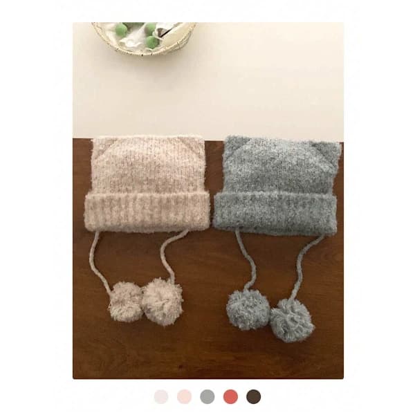 Söt Stickad Mössa med Kattöron - Pom-Pom Band & Uppvikt Kant Varm Vintermössa grå grey