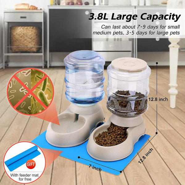 IC Kibble Mat- och Vattendispenser, Automatisk Dricksfontän, Dricksbehållare och Matare för Katt/Hund/Husdjur 3,8L x 2st och Fodermatta