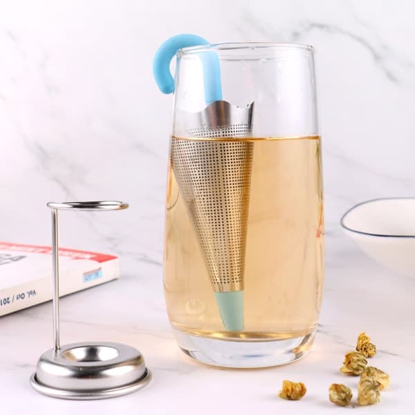 IC 2 stk rustfritt stål tesil, paraplybulk teinfuser tesil med dryppskål for bulk te, ros, kaffe, krydder