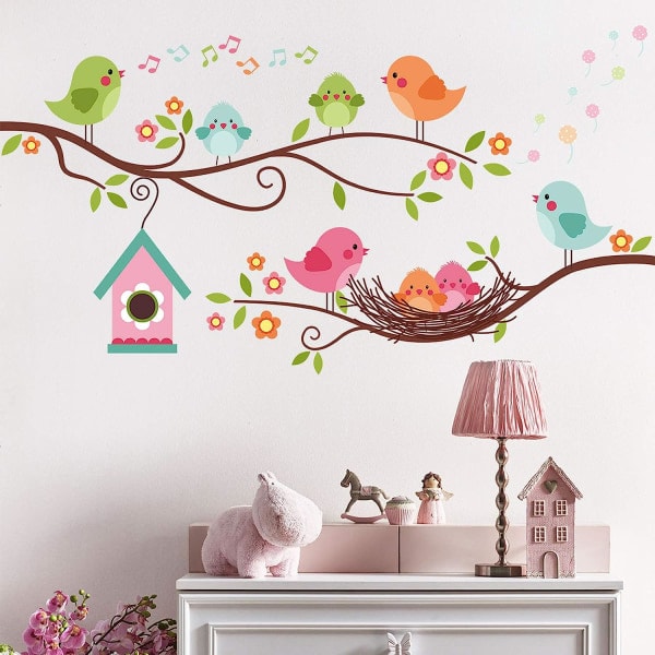 IC Robin Fågel och trädgren väggdekal, färgglad söt tecknad söt fågel som sjunger på trädgrenen, med blomsterrum