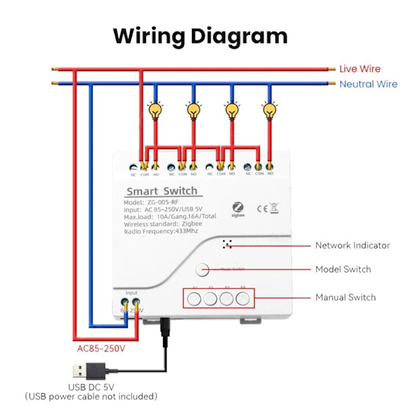 Tuya ZigBee 4-kanals RF433 Smart Switch-modul, Smart Home Automation, DIY-afbryder, trådløst relæ, stemmestyring
