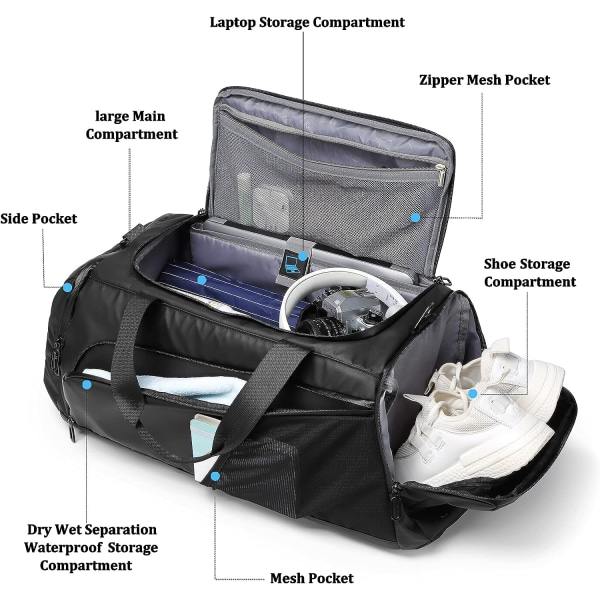 IC Gym Duffel Taske Vandtæt Sport Duffel Tasker Rejse Weekend Taske til Mænd Kvinder Overnight Taske med Sko Rum Sort