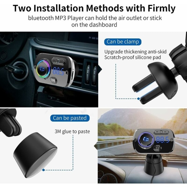 IC Bluetooth 5.0 FM-sender Trådløs Radioadapter Handsfree Bilsæt, QC3.0 og 5V/2.4A Hurtig Billader 2 USB-porte Farverigt Lysstøtte Siri TF