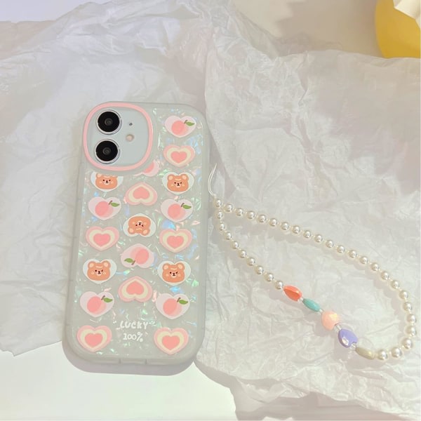 IC Kompatibel til iPhone 12- etui, sød tegnet kærlighedsbjørn persika med hjertebånd til kvinder, flickor, skalmønster, blød TPU-rosa bjørn