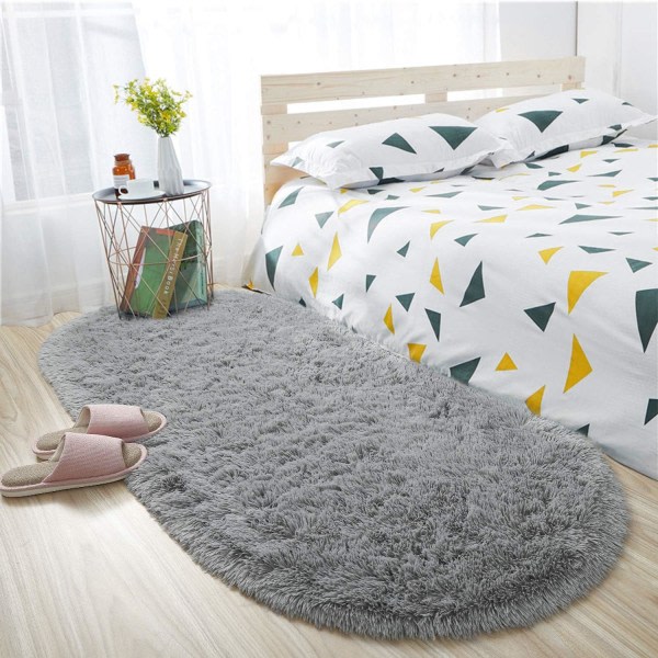 IC Ovala fluffiga mattor, modern plysch matta för barnsovrum Extra bekväm söt-grå