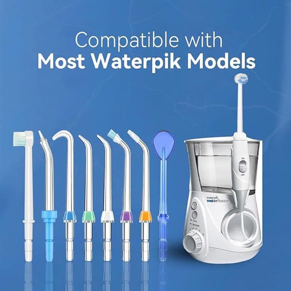 7-pak erstatningsspidser til Waterpik WP-100 WP-660 WP-900, holdbare PC-spidser med børste og tungeskraber til mundpleje