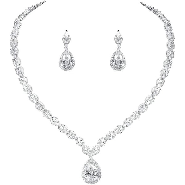 IC Vitguld/guldbelagt Cubic Zirconia CZ Marquise Tåre Brud Tennis Halskæde og Drop Øreringe Sæt til Bryllupsbruder