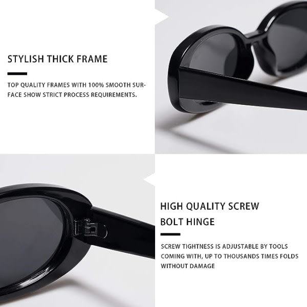 IC 90-talssolglasögon för kvinnor män, retro ovala solglasögon smala glasögon polariserat UV400-skydd (svart, grått)